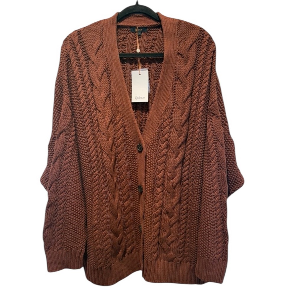 Quince 100% Organic Cotton Oversized Cable Knit Cardigan Redwood Brown Large - Picture 5 of 10